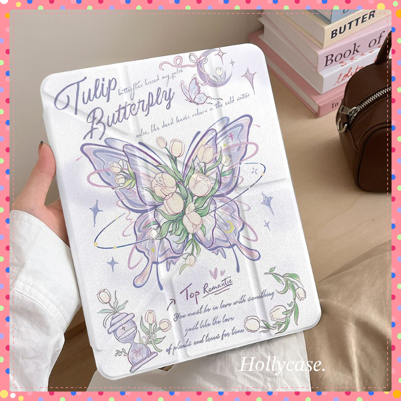 เคสไอแพด Y-Fold อะคริลิค โปร่งใส ดินสอ Bell Orchid ผีเสื้อ Air 6 5 4 10.9 Gen10 9th 8th 7th 10.2 Air 7 M3 2025 M4 Pro 11 Gen11 A16