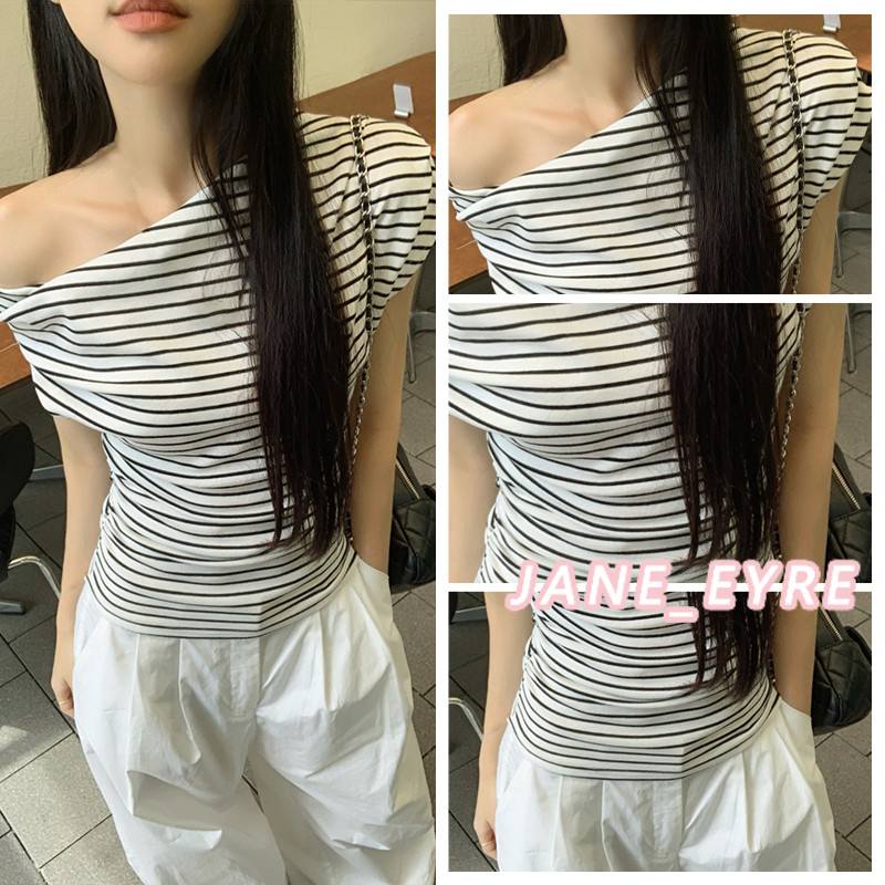 เสื้อเปิดไหล่ แขนสั้น เสื้อยืด สาวฮอต เข้ารูป นักเรียน ลายทาง เสื้อตัวบน JN - รูปที่ 5