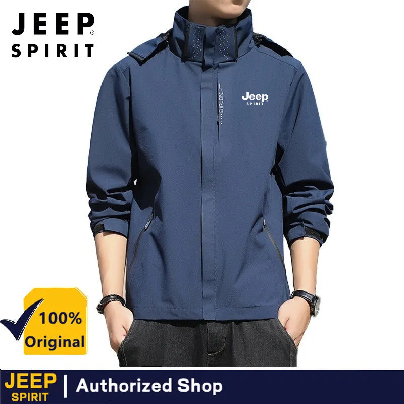 JEEP SPIRIT เสื้อแจ็คเก็ตกันน้ําสำหรับผู้ชาย พร้อมหมวกถอดได้ เหมาะสำหรับการแคมป์ปิ้งและปีนเข้า