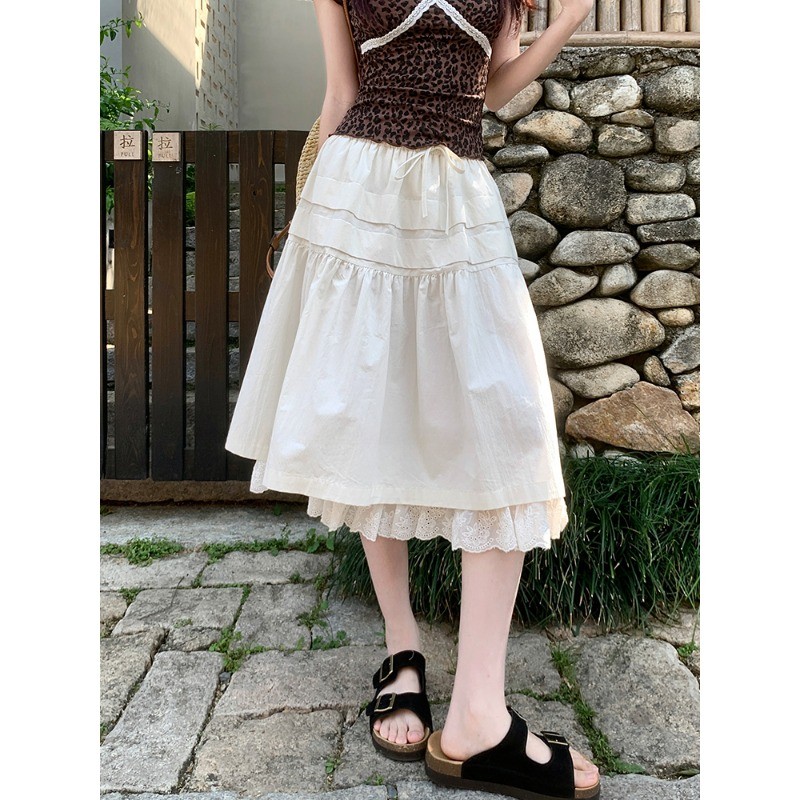 ฤดูร้อนใหม่กระโปรงทรงเอเย็บลูกไม้เรียบง่ายของผู้หญิง 250609