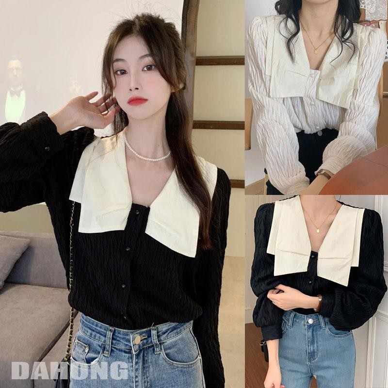 Dahong เสื้อเชิ้ตแขนยาว สีขาว ระดับไฮเอนด์ เสื้อเชิ้ตผู้หญิงสีดำสไตล์ฝรั่งเศส คอปกใหญ่ ดีไซน์เก๋ๆ สไตล์ฝรั่งเศส 99078