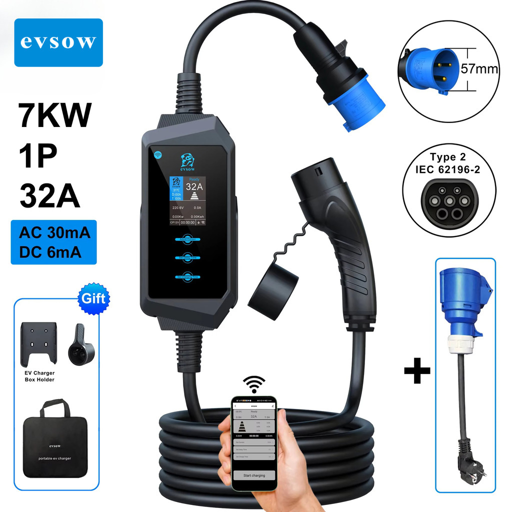 Evsow Portable 32A Type 2 EV Charger - 7kW/11kW/22kW Fast Charging - Smart WiFi Control (Tuya) - EVS