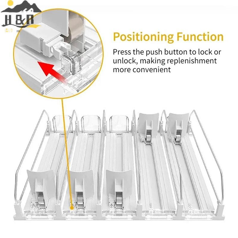 H & B Jun เครื่องดื่มกระป๋อง Push Rack เครื่องดื่ม Thruster Dispenser Storage สําหรับโซดาสามารถ Self-Pushing Kitchen Counter Organizer ชั้นวางตู้เย็น {th}