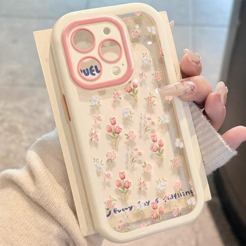 [ลายดอกไม้เต็มหน้าจอ] เหมาะสำหรับเคสโทรศัพท์ Apple 16/15/14/13/12/11 Pro Max สีครีม ลายช่อดอกไม้สดใหม่ ป้องกันการตกหล่น สายคล้องมือเรียบง่าย - รูปที่ 5