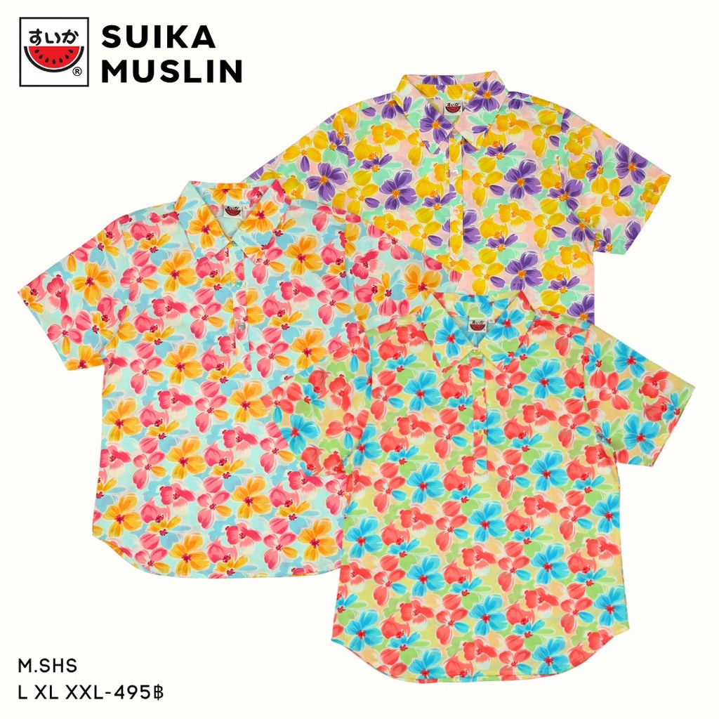 เสื้อแตงโม (SUIKA) - เสื้อคอปก กระดุมหน้า 3 เม็ด ลายดอกกุหลาบสุดคลาสสิก (M.SHS-149)