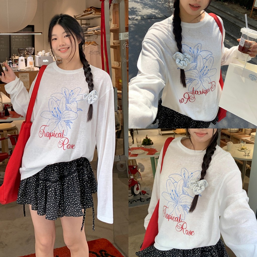 💘Bonnie💘เสื้อแขนยาว คอกลม ลายดอกไม้ ดีเทลผ้าซีทรูบางๆ ทรงหลวม ใส่สบาย ป้องกันแดด สไตล์เกาหลี แฟชั่น