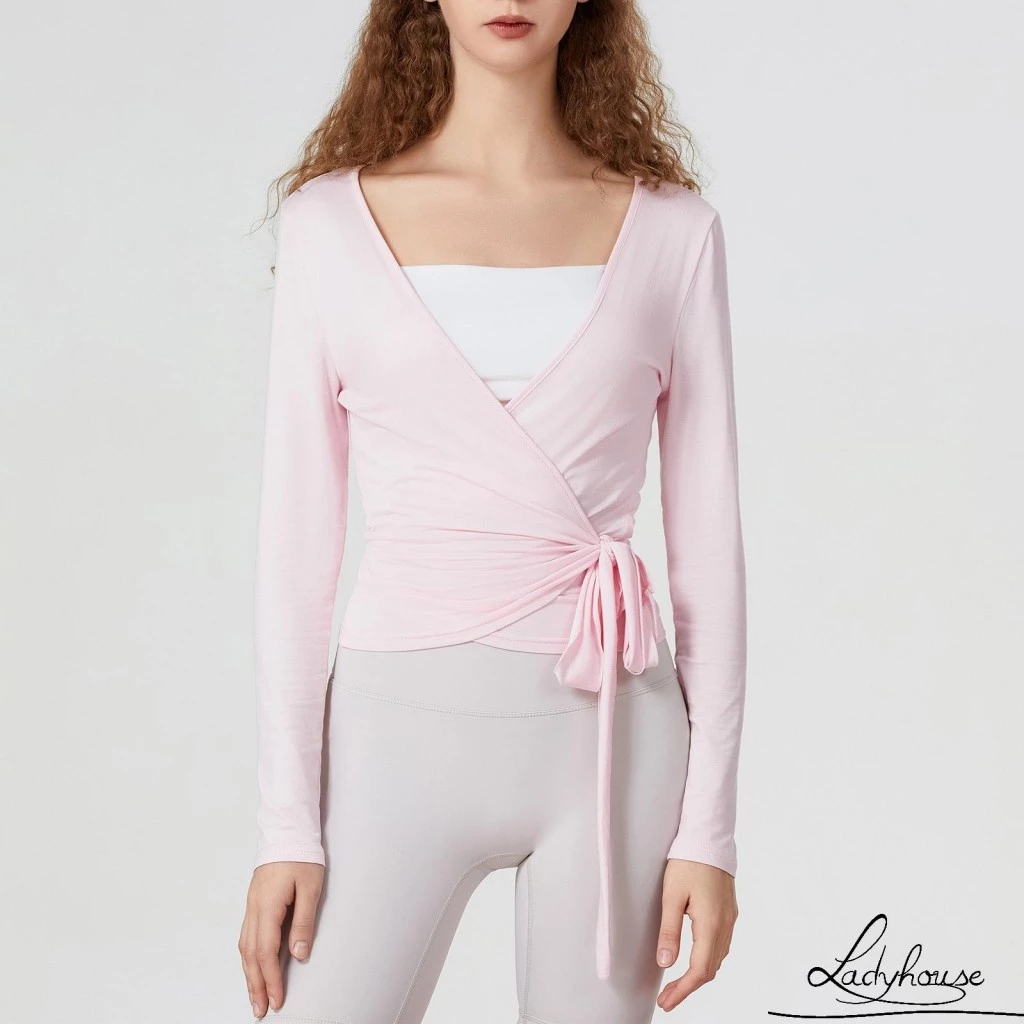 (จัดส่งในกรุงเทพฯ)-Womens Cross Wrap Tie เสื้อแขนยาวลึก V คอสีทึบSlim Fit เสื้อยืดออกกำลังกาย