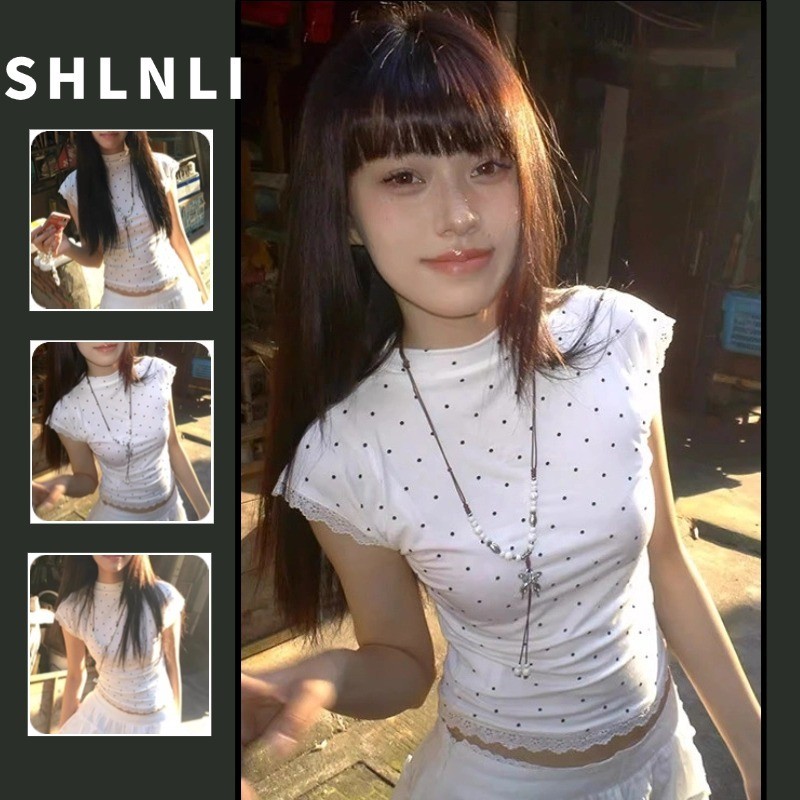 ฤดูร้อน American Lace Border Polka Dot เสื้อยืดแขนสั้นอเนกประสงค์ Slim Fit เอว Cinching Top