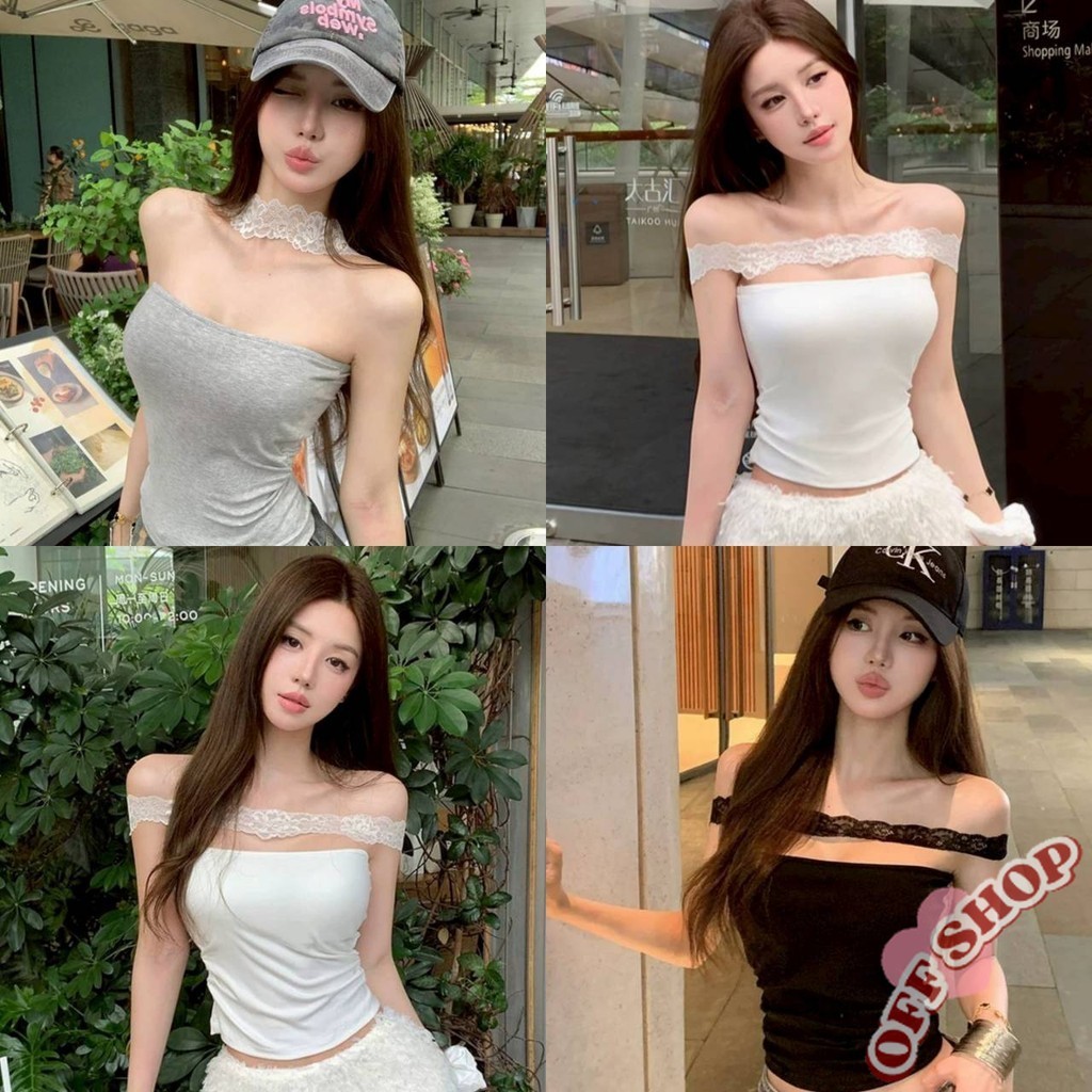OFF SHOP 🥻ใหม่ 2025 เสื้อคล้องคอลูกไม้ มีฟองน้ำ ทรงรัดรูปยืดพอดี เสื้อเปิดไหล่ แฟชั่น  ' FY10113