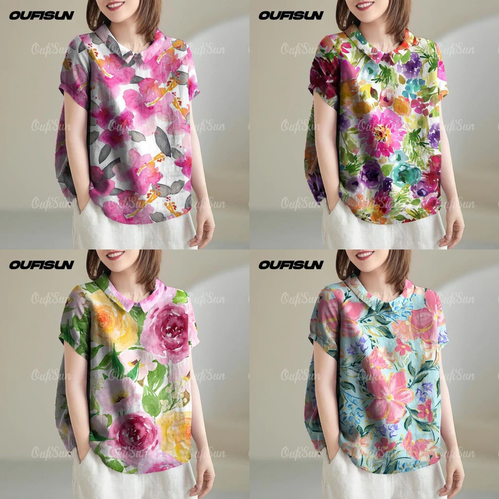 เสื้อฮาวายลายดอก แขนสั้น ผ้าฝ้ายผสมลินิน