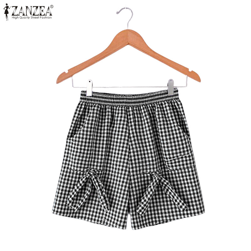 ZANZEA ใส่ ซานเซีย ผู้หญิงเกาหลีฤดูร้อนสบายๆเอวยางยืดกุทัณฑ์ตาหมากรุกกางเกงขาสั้