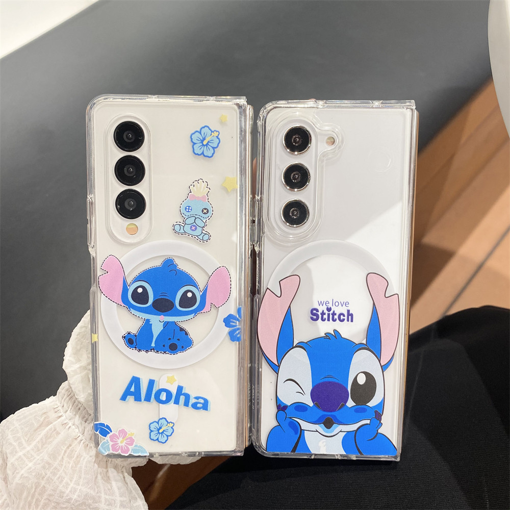Samsung galaxy z Fold6 7 Magnetic Transparent Edge รวมทุกอย่างเคสโทรศัพท์กันกระแทกแบบแข็ง galaxy z fold5 fold4 fold3 การ์ตูนน่ารัก Chee-Supporting Stitch PC เคสป้องกัน