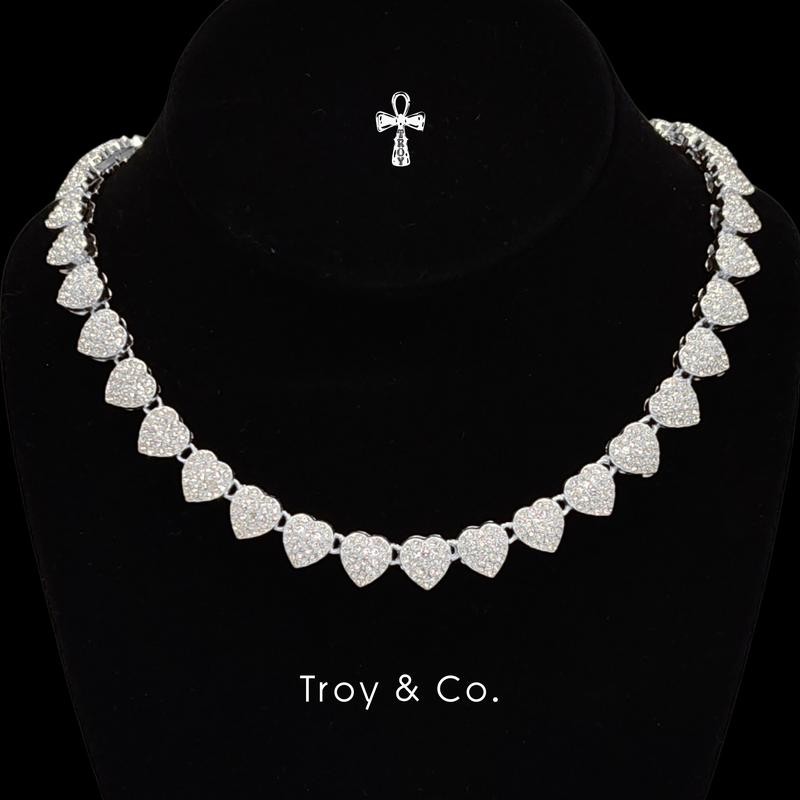 Mini Heart Chain เพชร CZ  หัวใจเรียงแน่น iced out สร้อยคอคิวบันสายหวาน ผู้หญิง TDN012 Troy & Co.