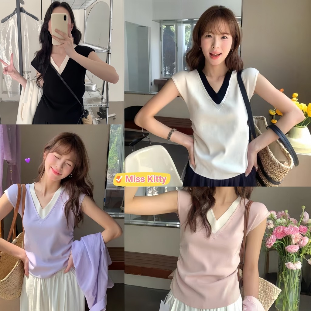 🎀Miss Kitty❤️พร้อมส่ง พร้อมส่ง เสื้อกล้ามไหมพรม สีสดใสพาสเทลใส่ง่ายสบายมากคาวาอี้ "76137"