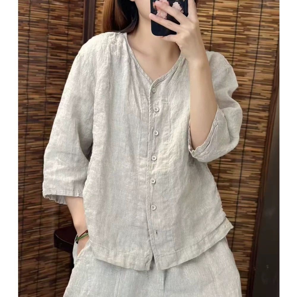CP Retro ผ้าฝ้ายผ้าลินินเสื้อผู้หญิงฤดูร้อนสไตล์ใหม่สีทึบ V คอกลางแขนวรรณกรรมสบายๆหลวม All-Match Sli