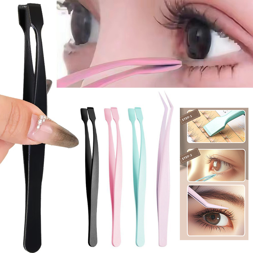 2 ชิ้น Eyelash Tweezer ชุดชี้/แบน Lash Pick Up คลิปสแตนเลสความแม่นยําสูงแบบพกพาเครื่องมือแต่งหน้า