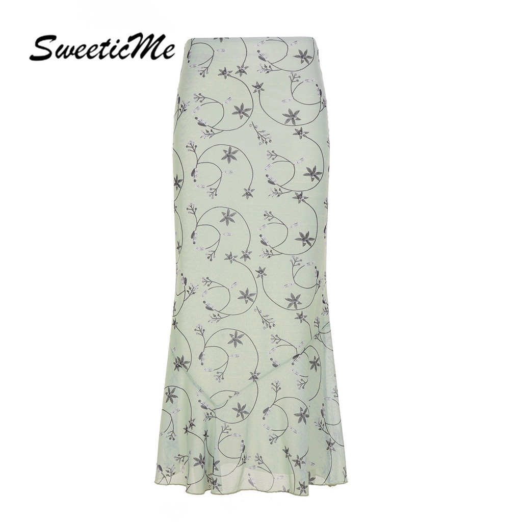 SweeticMe Womens 2025 New Fashion Street All Match Slim Fit Printing Long Skirt