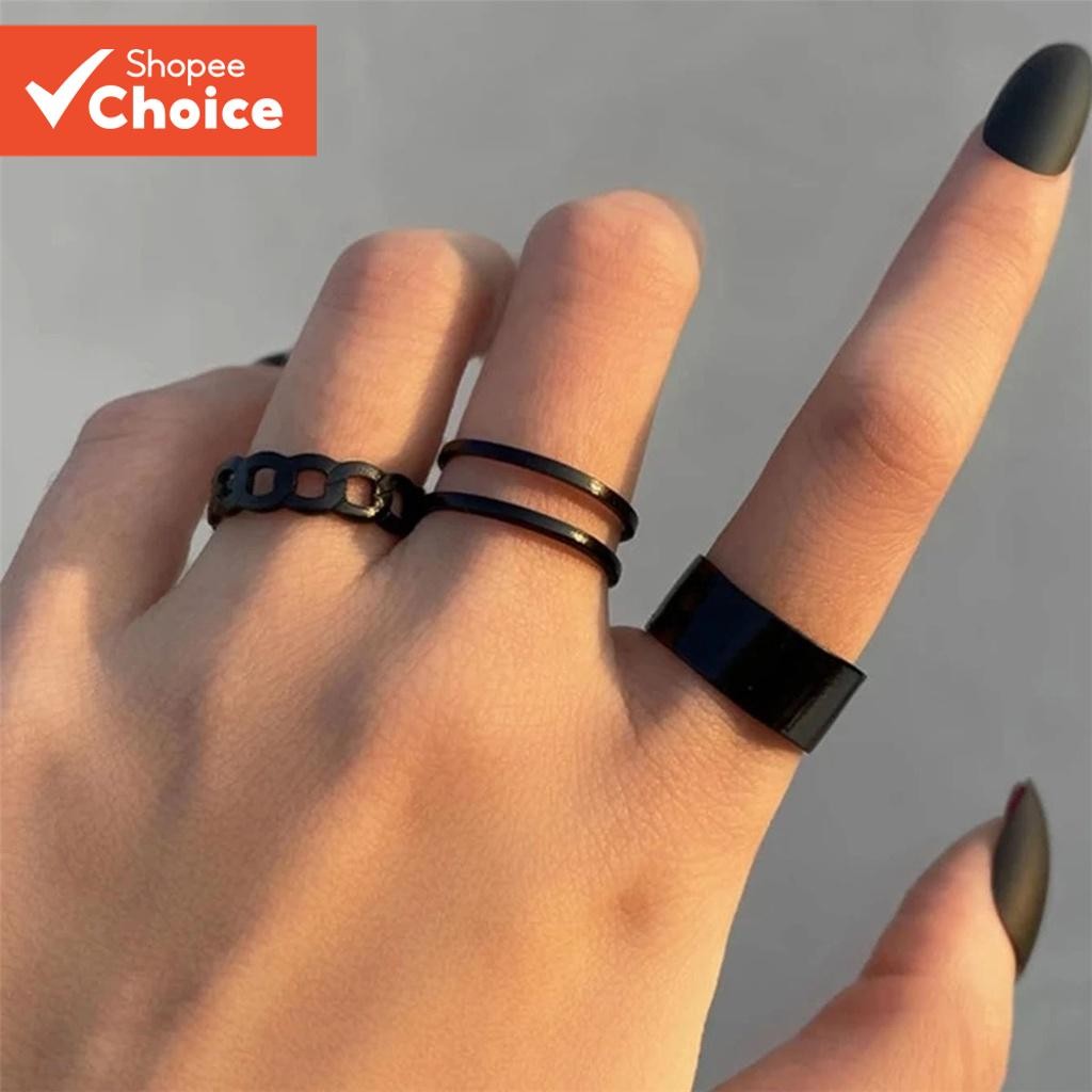 VMI ชุดแหวนเปิดปรับได้ – 3 ชิ้น Retro Black Gold Tone Silver Tone Stackable Finger เครื่องประดับสําหรับผู้หญิง
