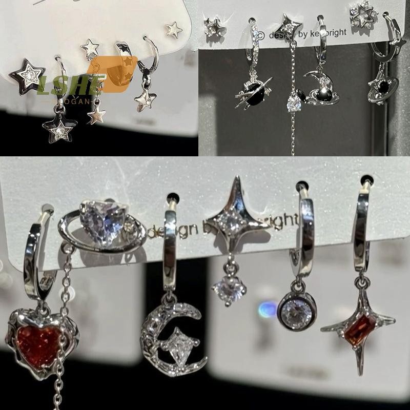 [LSHE] ชุดเครื่องประดับ 6 ชิ้น Goth Punk Vintage คริสตัลหัวใจ Moon Cross Star จี้ต่างหูสำหรับผู้ชายและผู้หญิง Grunge Y2K