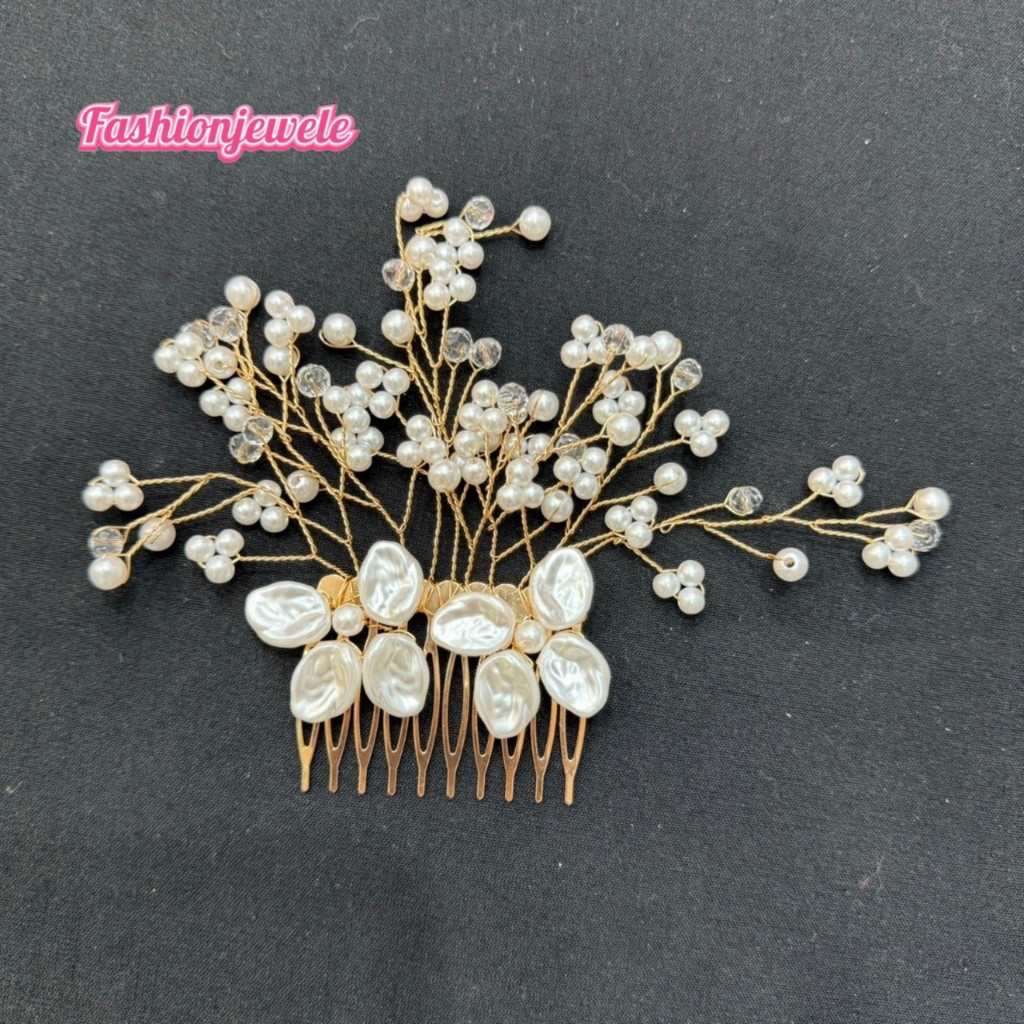 Fashion jewele เครื่องประดับผมที่คาดผมประดับดอกไม้ กิ๊บติดผมลายดอกไม้ประดับเพชรเทียม สีทอง