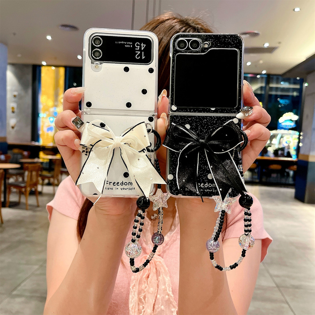 SAMSUNG หรูหราเรียบง่ายเกาหลีโบว์Glitter Wave PointกรณีStarสร้อยข้อมือสําหรับSamsung Galaxy Z Flip6 ZFlip 5 ZFlip4 ZFlip3 ฝาครอบ