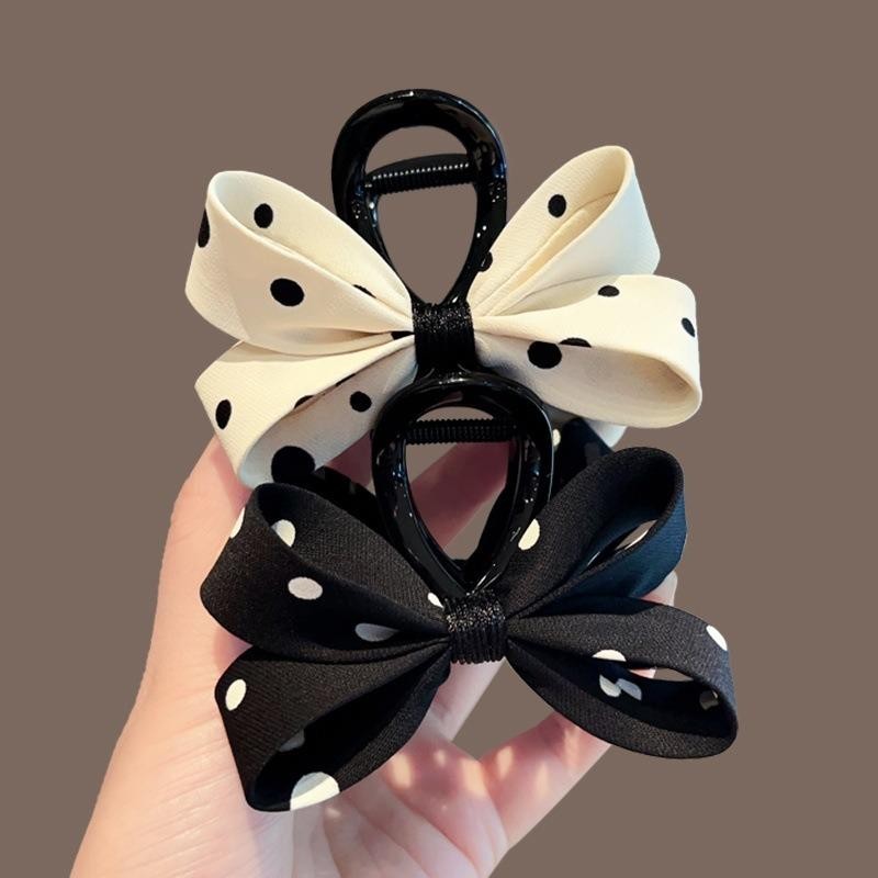 แฟชั่นเกาหลี Black-and-white Polka-dot Bow Hairpin นักเรียนหญิงผมหางม้าสูงคลิปเครื่องประดับผมของขวัญ