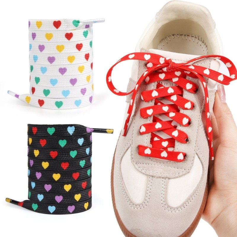 ตะกั่วหัวใจพิมพ์รองเท้า Laces 100 ซม.ยาว 9 มม.แบน Shoelaces สําหรับผู้ใหญ่เด็กวัยรุ่น Trainers รองเท
