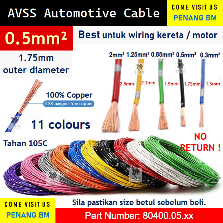 [1 เมตร] Wayar Automotif 0.5mm2 JAPAN AVSS 0.3 0.5 0.85 1.25 MM2 PURE COPPER ANTI FLAME AUTO WIRE CA