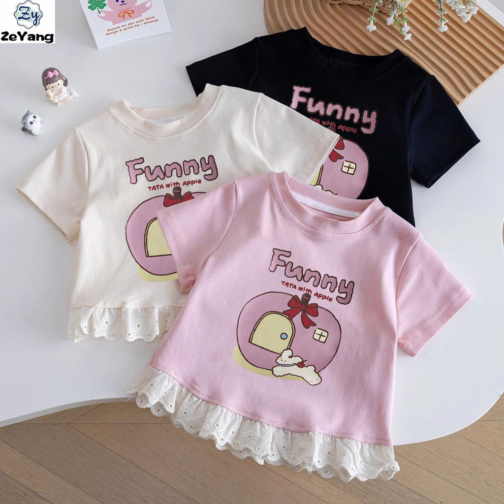[ZY] 80-150 พร้อมสต็อกเด็กผ้าฝ้ายแท้แขนสั้นเสื้อยืดลูกไม้ด้านบนเด็กสบายๆสั้น T Bottoming เสื้อ All-Match Top เสื้อผ้าเด็กแฟชั่น Fast Shipping
