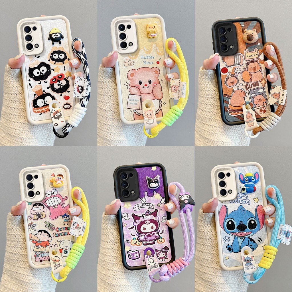 เคส OPPO A74 5G หนังการ์ตูนปักหมุดเชือกโทรศัพท์กรณี