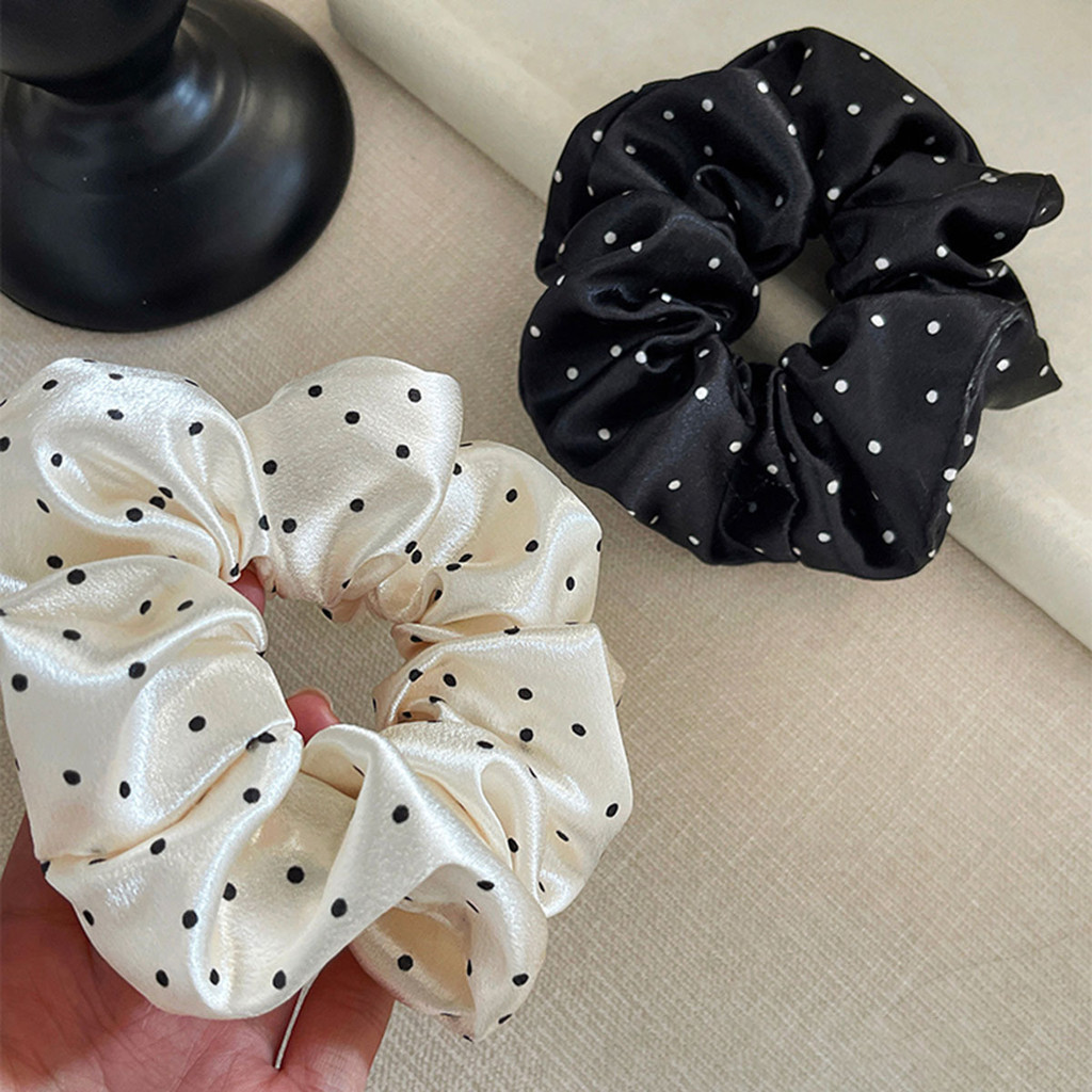 แหวนผมผ้าซาตินลายจุดสีดําและสีขาวหญิงเกาหลียางรัดผม Scrunchie เครื่องประดับผม