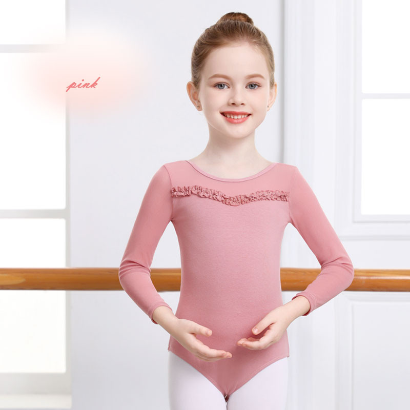 สาวบัลเล่ต์ Leotards ตาข่าย Splice แขนยาว เด็กยิมนาสติก ผ้าฝ้ายลูกไม้บัลเล่ต์เต้นรําบอดี้สูท - รูปที่ 4