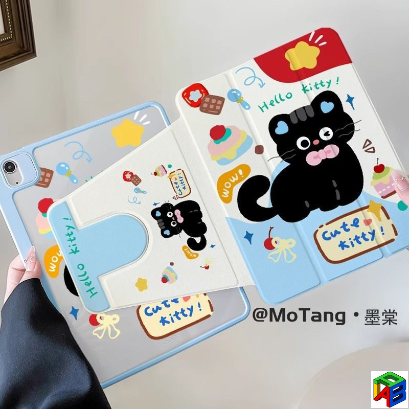 เคสหมุนได้ 360 องศาสําหรับ iPad 2025 Gen11 Pro11 air6/5/4 10.9 10.5 10th 2022 gen7gen8gen9 10.2 นิ้ว Mini6/7 Hello Kitty, Black Cat ฝาครอบป้องกันพร้อมช่องเสียบปากกา