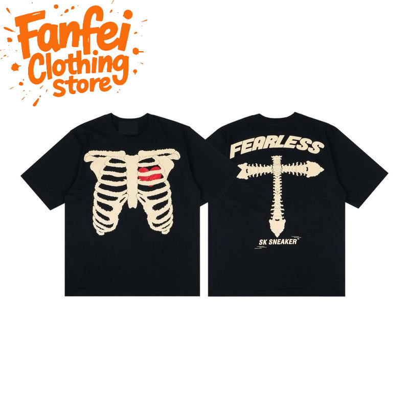 (จัดส่งตลอด 24 ชั่วโมง)Fanfei เสื้อยืดกระดูกดำ เสือดำ โครงกระดูกดำ พิมพ์ลายจุด ผ้าฝ้ายแท้ คอกลม สไตล์ลำลอง