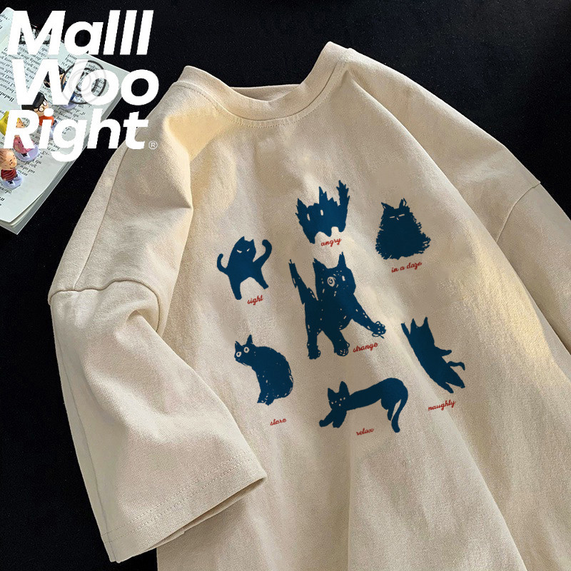 (จัดส่งตลอด 24 ชั่วโมง)Woo Right ฤดูร้อน Niche Design แมวพิมพ์ผ้าฝ้ายเสื้อยืดแขนสั้นผู้หญิงหลวมด้านบน oversize 6สีs-3xl