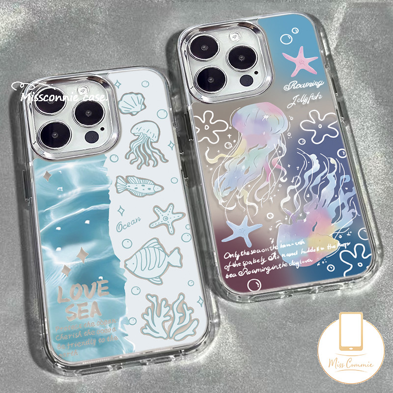 ฤดูร้อนทะเลปลาน้อยปลาดาวเปลือกแมงกะพรุนที่มีสีสันกรณีเข้ากันได้สําหรับ ไอโฟน 15 16 11 13 14 12 มือโปร สูงสุด 16 15 6 6ส 7 8 บวก X เอ็กซ์อาร์ XS สูงสุด กับ หรูหราชุบโลหะกรณีเลนส์
