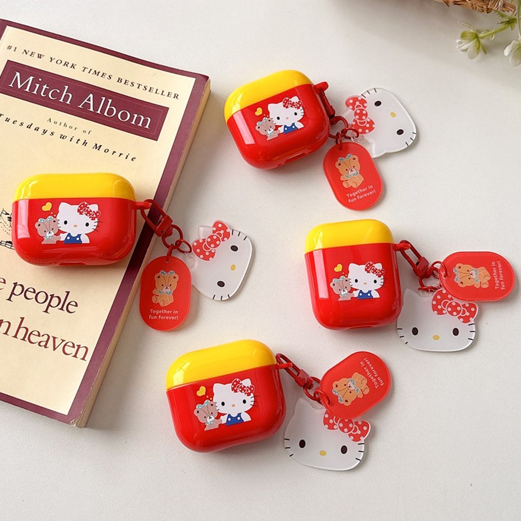 สําหรับ Airpods 4 Pro 3 2 1 Girly Sweet Hello Kitty Contrast สี Soft TPU กันกระแทกหูฟังกรณี Anti-lost จี้หูฟังไร้สายชุดหูฟังฝาครอบป้องกัน Shell