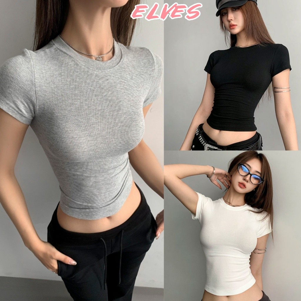 Elves พร้อม💟พร้อมส่ง เสื้อรัดรูป แขนสั้นรัดรูปเซกซี่ สีพื้น 3สี ผ้ายืดรูปทรงสวย สไตล์เกาหลี ลองแขนสั้น"FY9388"