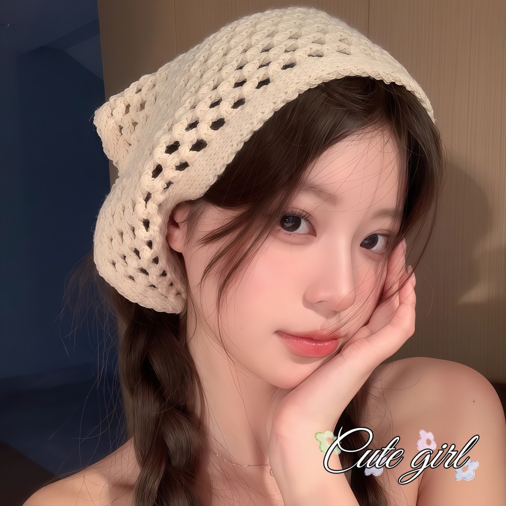 Cute_Girl 😍😍 ผ้าโพกหัว สไตล์ตารางกลวง ถักด้วยมือ หวานและอ่อนโยน สไตล์อภิบาล ผ้าโพกศีรษะสามเหลี่ยม
