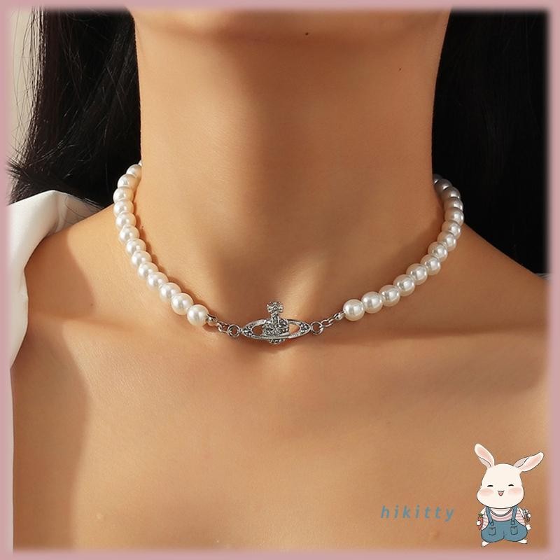 Imitation Pearl Necklace Artificial Planet Diamond Chocker Pendant for Women