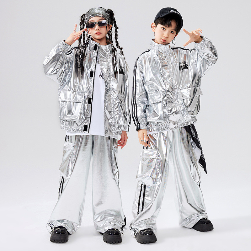 Street Dance เด็กอินเทรนด์เสื้อผ้า Hip Hop หลวม Bright หนัง Boys hiphop Dance เครื่องแต่งกายสาวแจ๊สแดนซ์เครื่องแต่งกาย