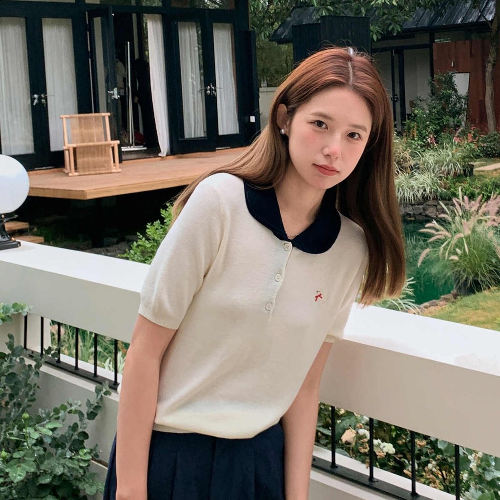 สไตล์เกาหลีลดอายุเสื้อถักปักลูกสุนัขโปโลเสื้อยืดผู้หญิงฤดูร้อนคมชัดคอปกแขนสั้น Top Note Me C9GQ