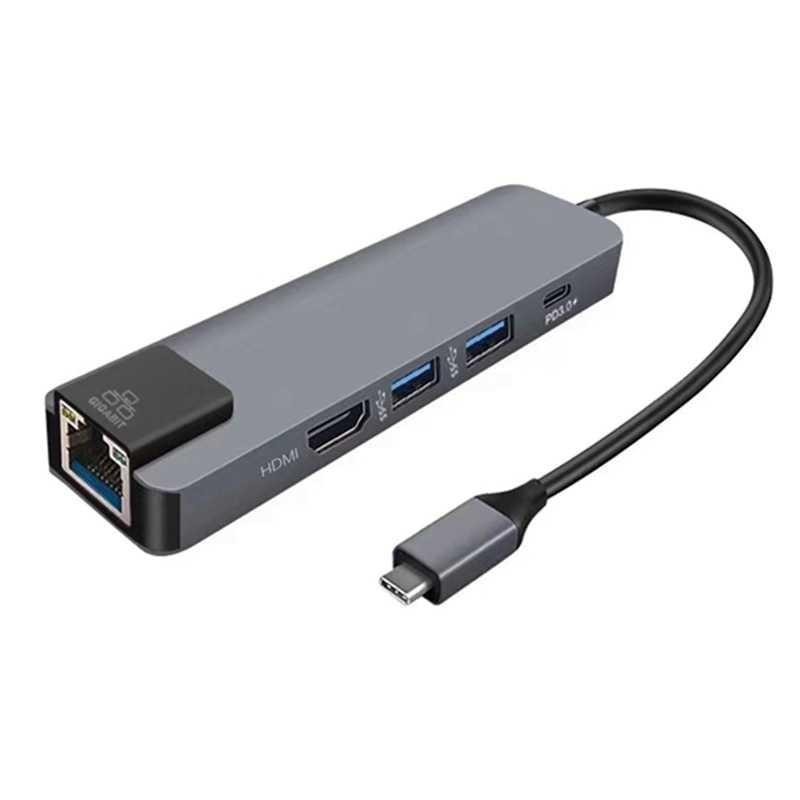 ฮับ USB Type C 5 in 1 LAN HDMI การชาร์จผ่าน YC-206 OTS