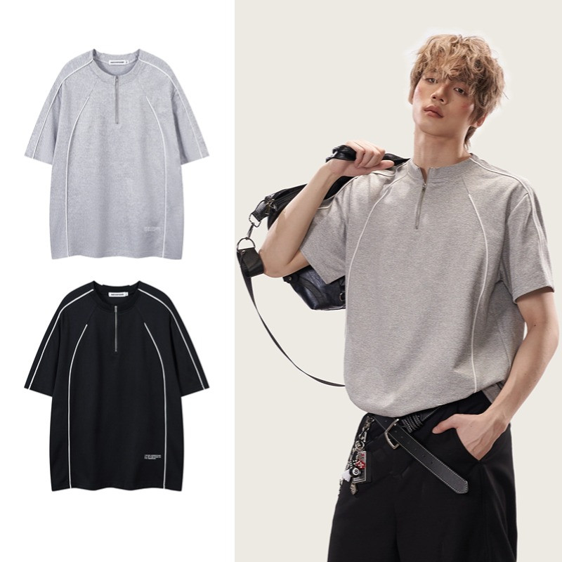 Suikone อเมริกัน High Street ครึ่งซิปคอปกแขนสั้นเสื้อยืดฤดูร้อนชายและหญิง