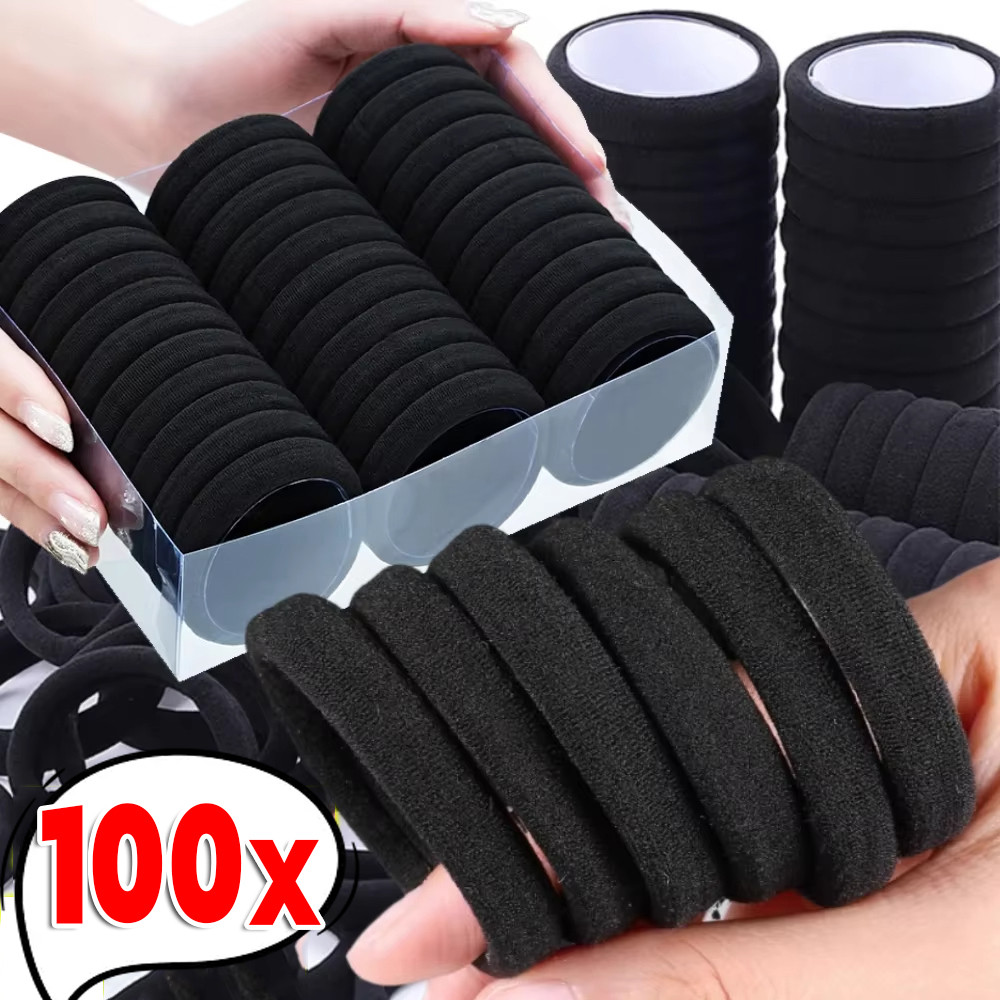 100 ชิ้นยางรัดผมยืดหยุ่นสูงเรียบง่ายสําหรับผู้หญิง-ที่คาดผมผูกผมขั้นพื้นฐานสีดํา-ที่ใส่หางม้าอุปกรณ์เสริม หมวก อุปกรณ์เสริมผม