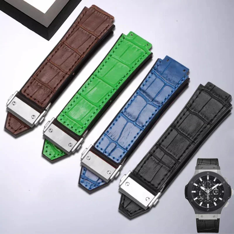 สายนาฬิกาหนังแท้สําหรับ HUBLOT BIG BANG กันน้ําผู้ชายสีดําสีเขียวสีฟ้าสีน้ําตาลสายนาฬิกาสร้อยข้อมือย