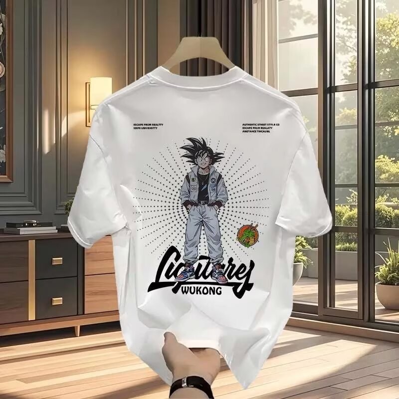 แฟชั่นทันสมัย เสื้อยืดผ้าไหมหนาสำหรับผู้ชาย ระบายอากาศได้ เท่ สร้างสรรค์ ลายดราก้อนบอล โกคู บุคลิกภาพ เสื้อแขนสั้นย้อนยุค