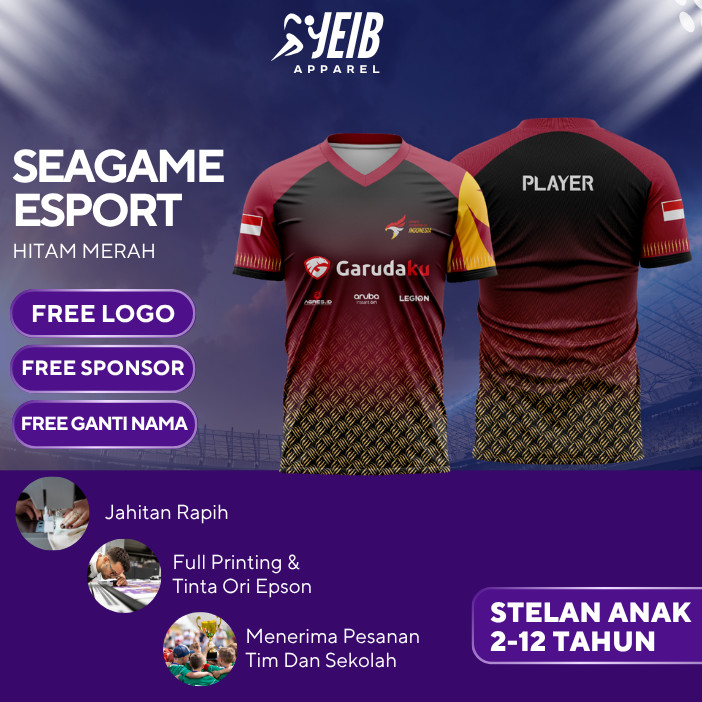 MERAH SEAGAME-ESPORT KIDS ESPORT JERSEY BLACK RED FULL PRINTING JERSEY ฟรี NAPUNG, โลโก้, & SPONSOR