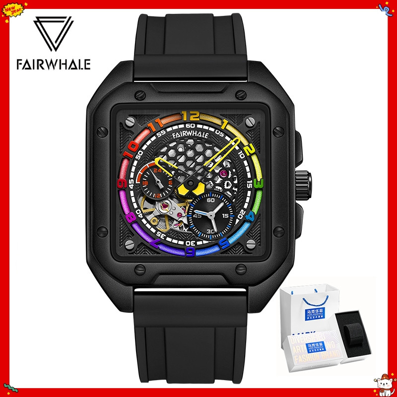 Mark Fairwhale นาฬิกาผู้ชาย Skeleton Tourbillon นาฬิกากลไกกีฬานาฬิกาหรูหรา Square นาฬิกาผู้ชาย