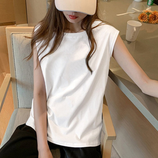 NINGFASHION เสื้อยืดแขนกุด คอกลม เสื้อยืด สไตล์เกาหลี รุ่น W6798 - รูปที่ 2